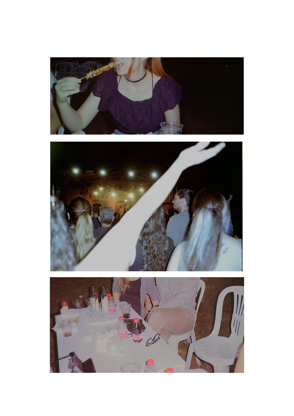 A three-photo collage shot on expired film captures the vibrant atmosphere of a summer Greek panigiri at night, featuring a close-up of a young woman eating a souvlaki skewer, an outdoor concert crowd with a hand raised toward the stage, and a white plastic table with drinks.