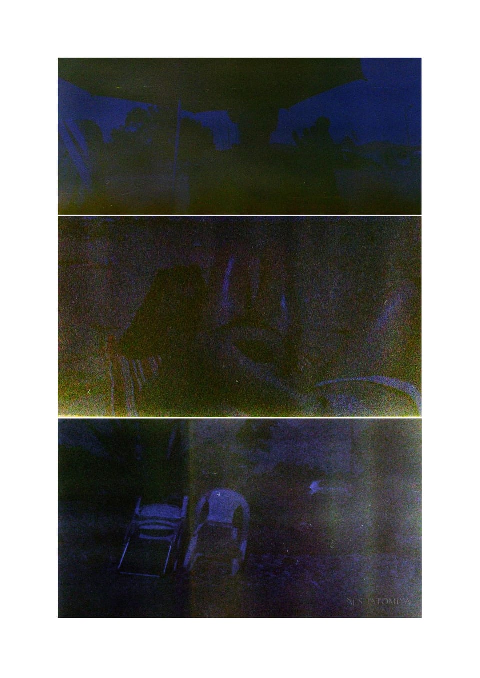 Collage of three heavily burnt‑film photos showing a girl sitting on a beach chair eating a peach, two girls sunbathing on the sand, and a group of plastic chairs left out on the beach to dry.