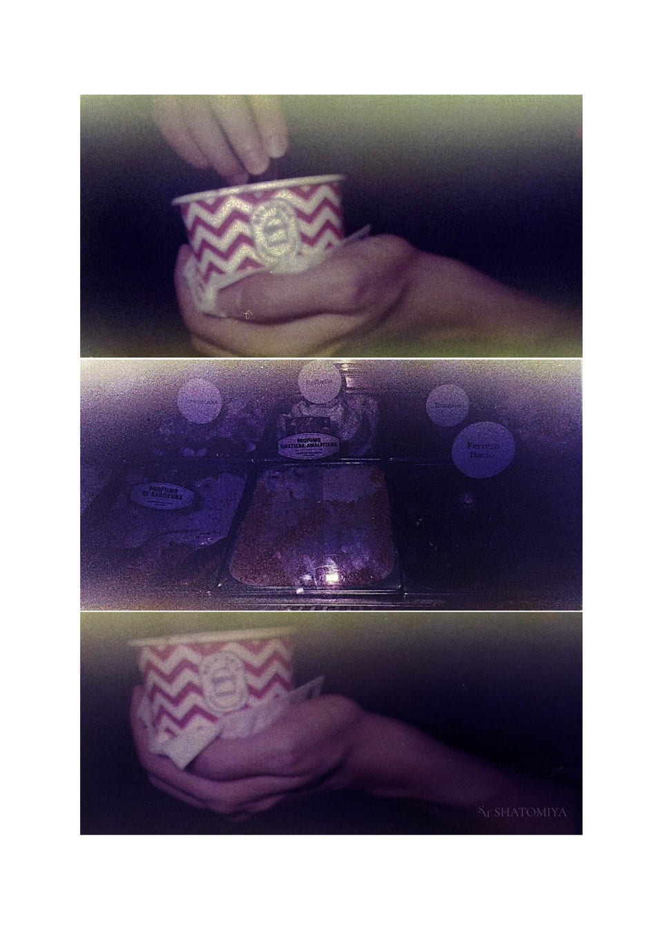 Collage of three deeply burnt‑film photos showing a hand eating ice cream from a paper cup in the first and third images, with the middle photo displaying the different ice‑cream flavors.